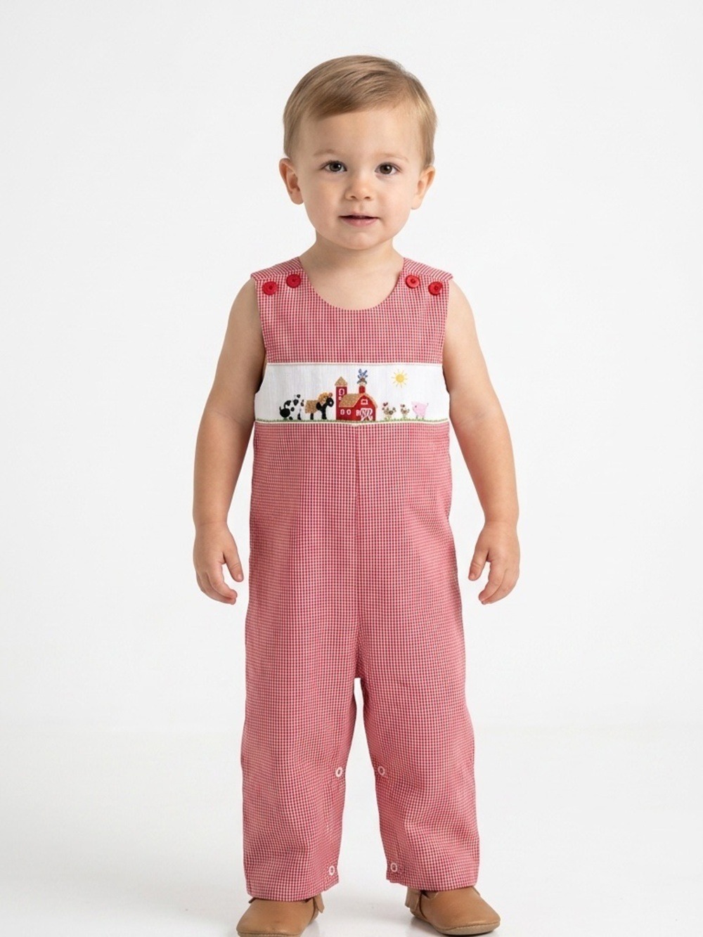 Stellybelly Smocked Overalls, Size 18M, Red Checked Barn & Farm Animals.